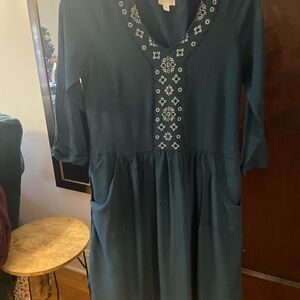 Garnet Hill Dark Teal Dress with White Embroidery